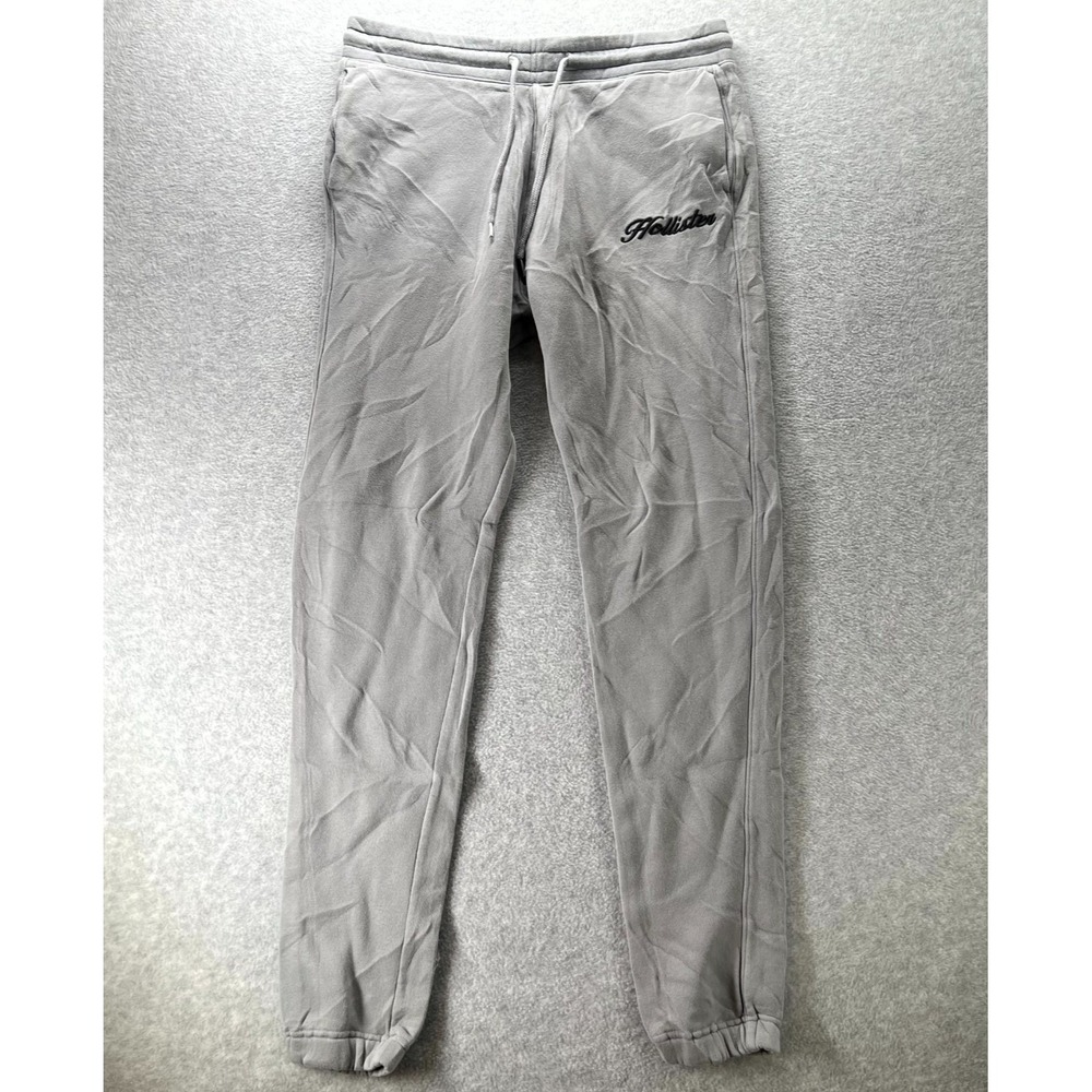 Hollister Fleece Jogger Pants Men L Gray Embroidered Logo Drawstring Tapered Leg